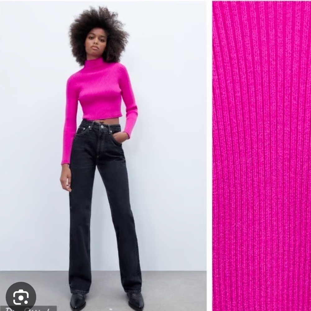 Zara Fuchsia Hot Pink Cropped Mock Neck Sweater